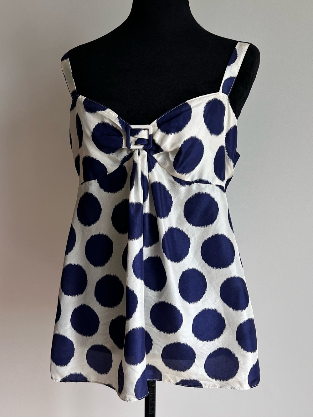 100% Silk Navy Polka Dot Babydoll Sleeveless Top with Front Knot